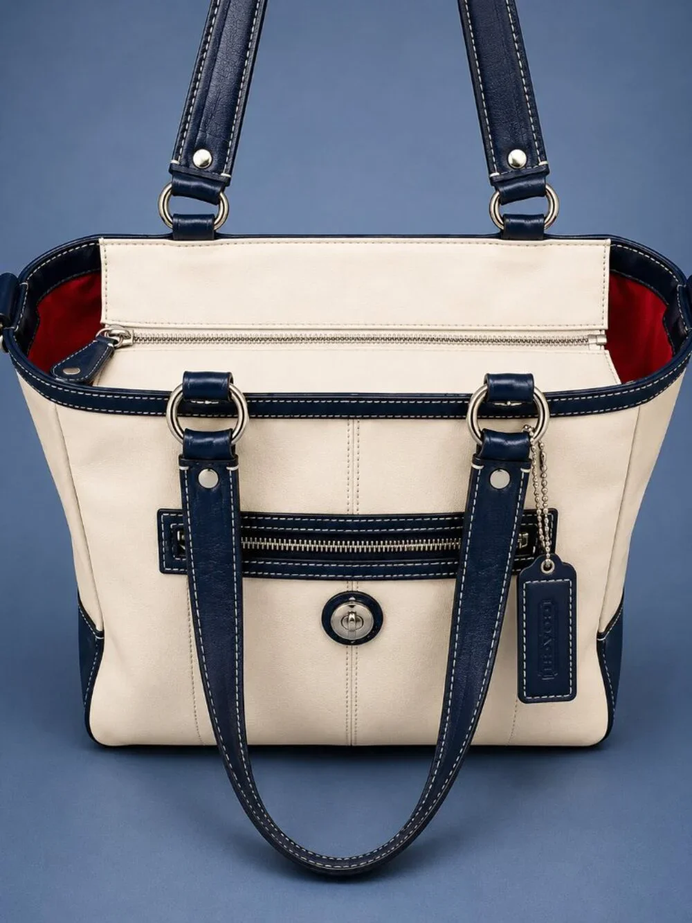 COACH Laura Spectator Carryall Chalk Navy Leather Tote Crossbody Bag - Hang Tag